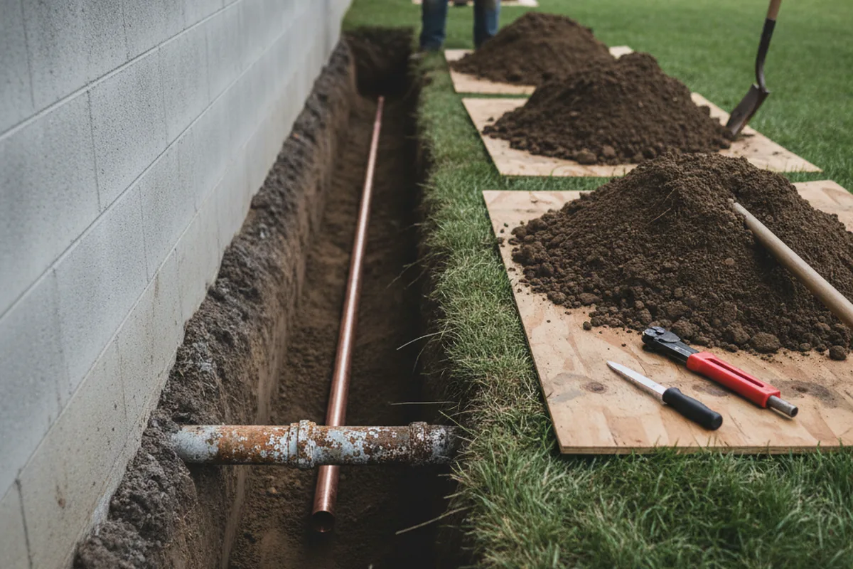 Excavated water line trench during Water Softener Installation in Dwight
